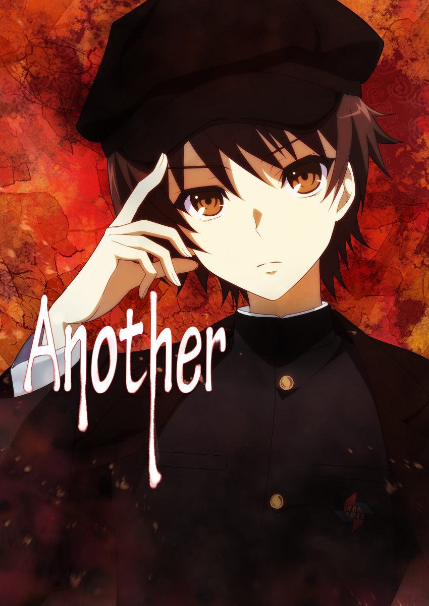1boy, absurdres, another, black_hat, black_jacket, brown_eyes, brown_hair, buttons