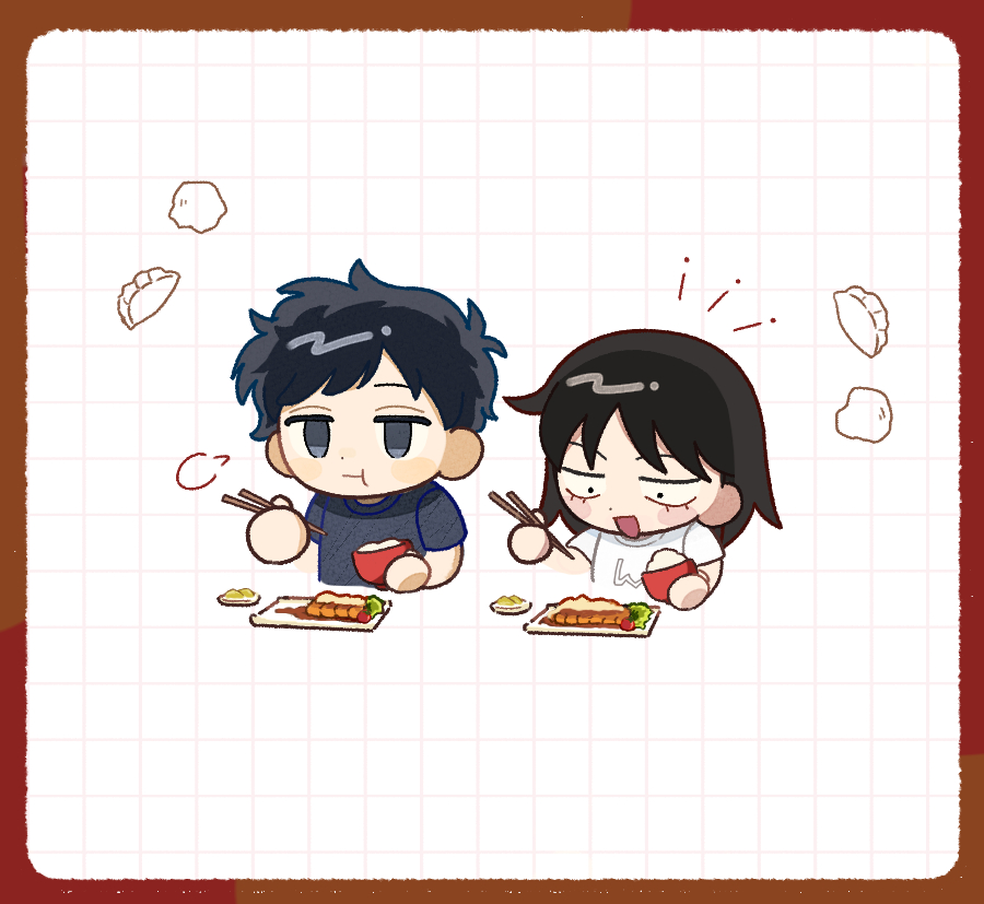 1boy, 1girl, :d, :t, ball_hands, black_hair, black_shirt, blue_eyes