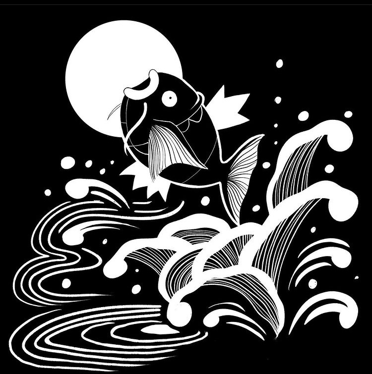 fish, greyscale, magikarp, monochrome, moon, no_humans, open_mouth, pokemon