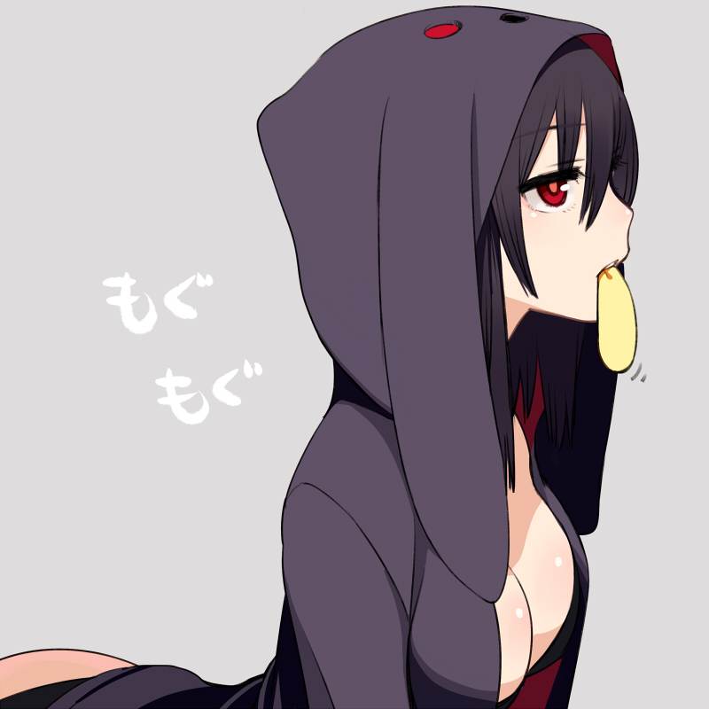 breasts, chan_co, cleavage, darth_wooser, eating, food, hoodie, long_hair