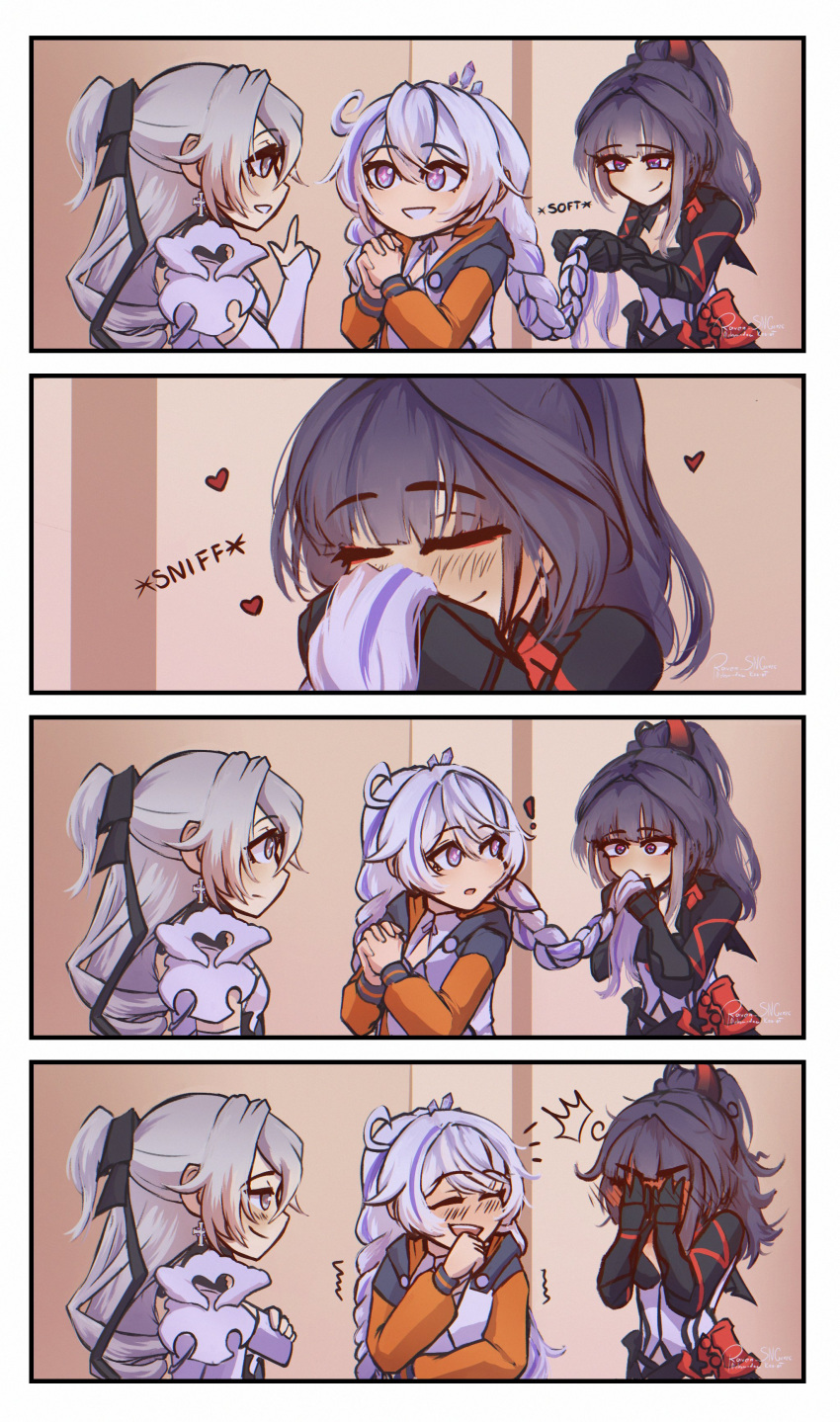 !, 3girls, absurdres, ahoge, black_gloves, black_hair, blush, braid