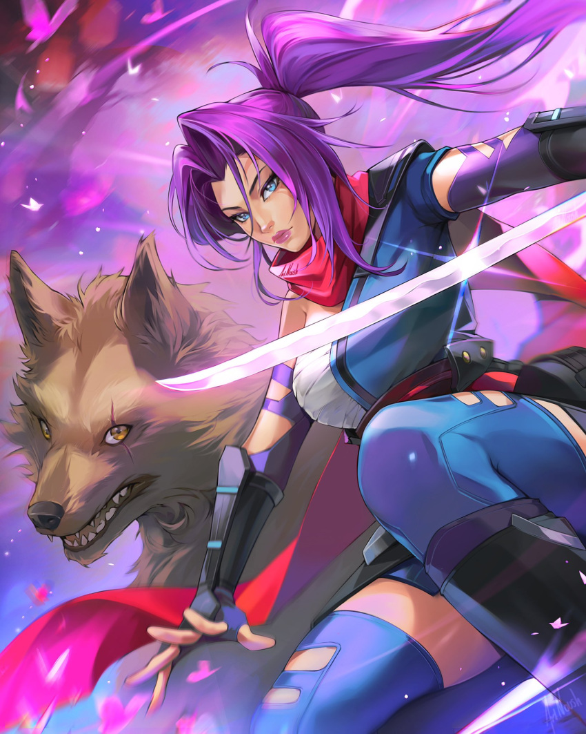 1girl, blue_eyes, breasts, elbow_gloves, gloves, highres, holding, holding_sword