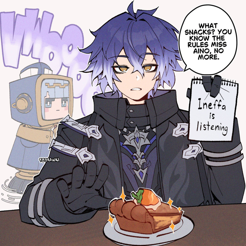 1boy, antenna_hair, artist_name, birgitta_(genshin_impact), black_capelet, black_coat, black_gloves, blue_hair