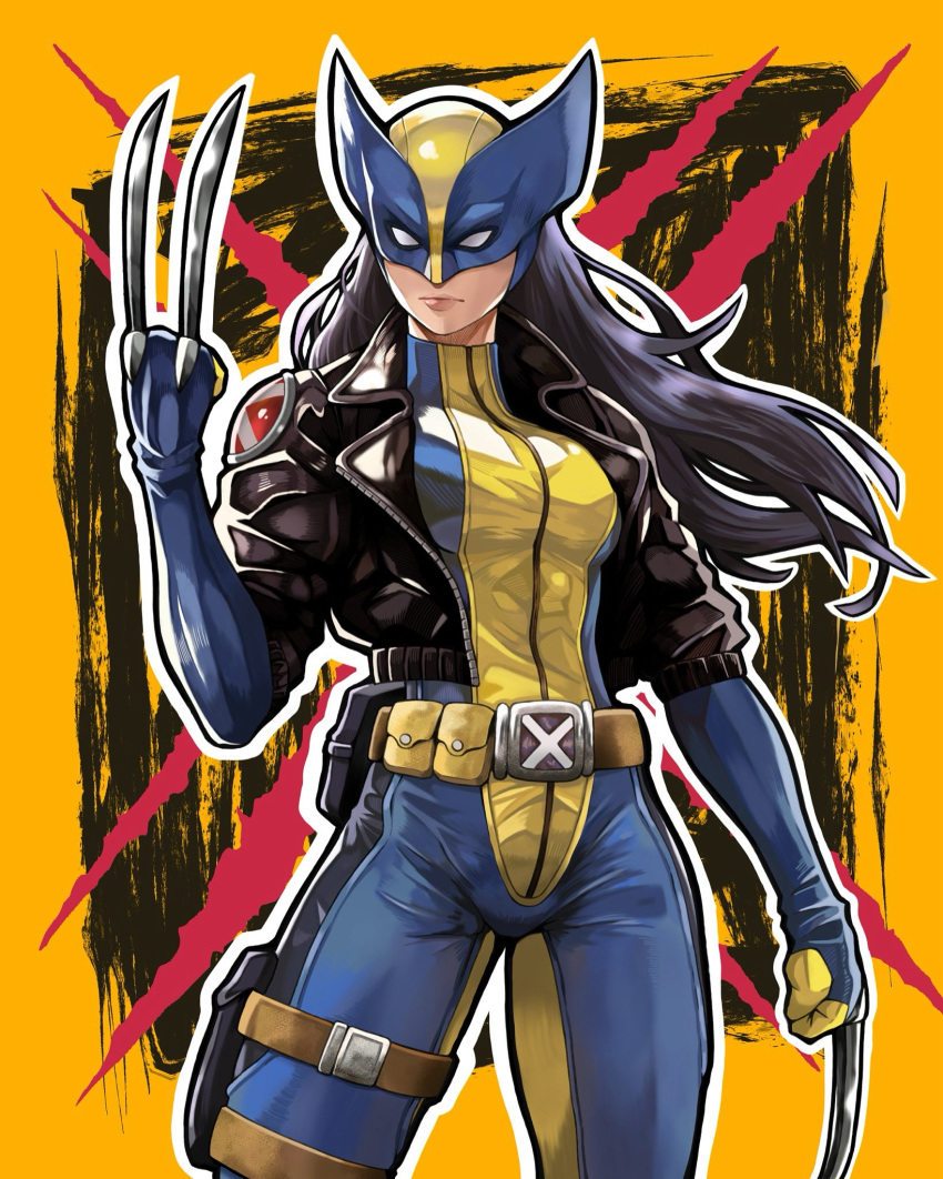 1girl, animification, black_hair, bodysuit, breasts, claw_(weapon), claws, cosplay, highres, laura_kinney, long_hair, looking_at_viewer, marvel, solo, superhero_costume, to-ru, weapon, wolverine_(x-men), wolverine_(x-men)_(cosplay), x-23, x-men, yellow_bodysuit