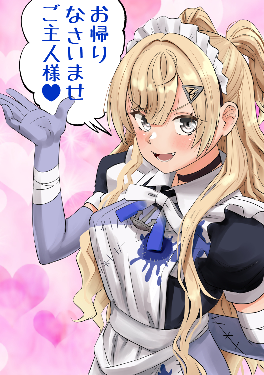 1girl, apron, bandages, black_choker, blonde_hair, blue_gloves, choker, commentary_request