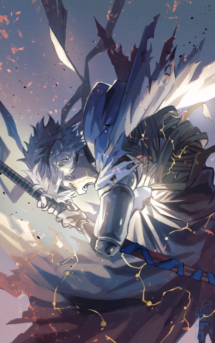 1boy, bandaged_torso, bandages, black_headband, closed_eyes, fate/grand_order, fate_(series), headband, holding, holding_sword, holding_weapon, katana, open_mouth, prosthesis, prosthetic_arm, scar, scar_on_face, solo, sword, teria_(teriarian), torn_clothes, toudou_heisuke_(fate), weapon, white_hair