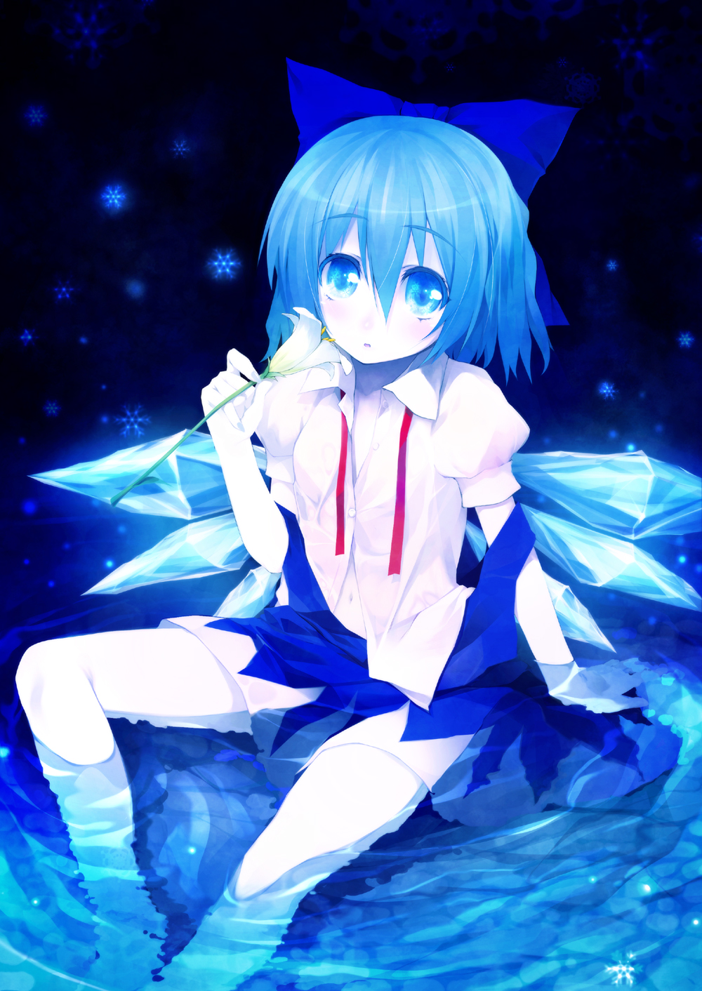 blue_eyes, blue_hair, bow, chinchickrin, cirno, flower, highres, lily_(flower)
