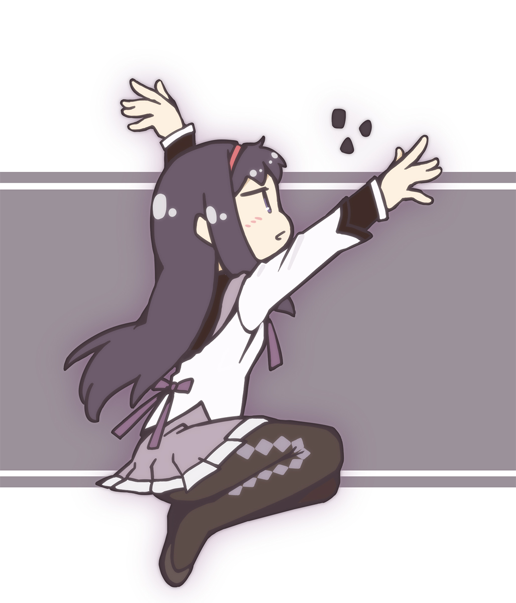 akemi_homura, hair_ribbon, highres, long_hair, mahou_shoujo_madoka_magica, otakeyan, outstretched_arms, pantyhose