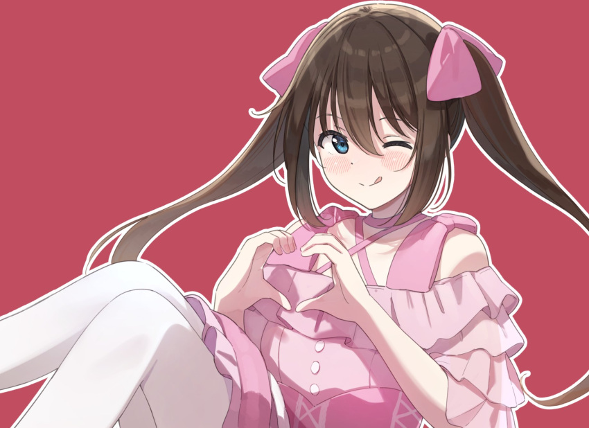 1girl, :q, blue_eyes, blush, brown_hair, commentary_request, dress, hair_ribbon