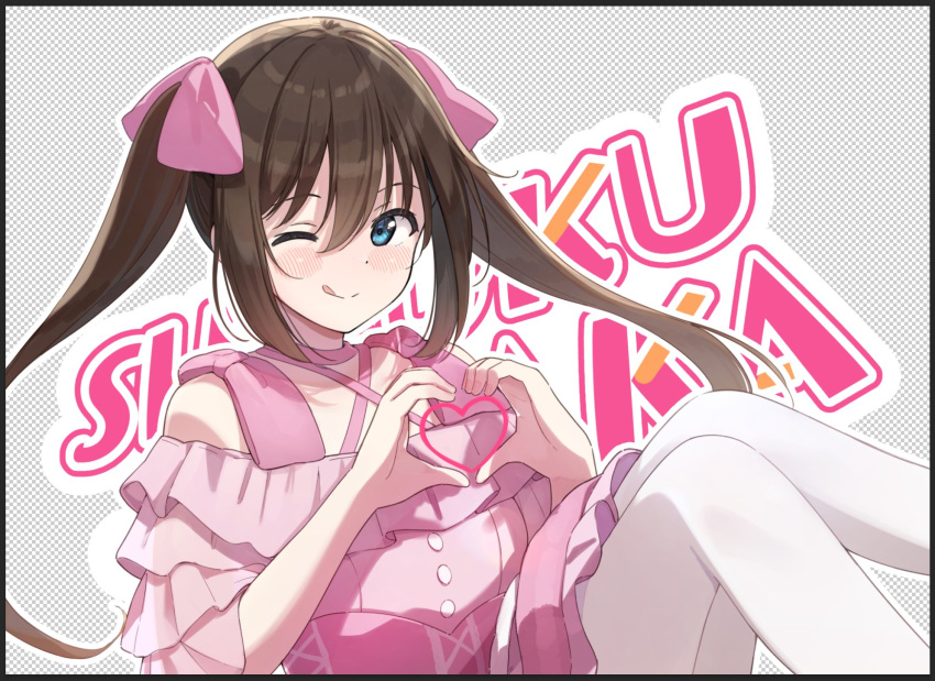 1girl, :q, blue_eyes, blush, brown_hair, character_name, commentary_request, dress