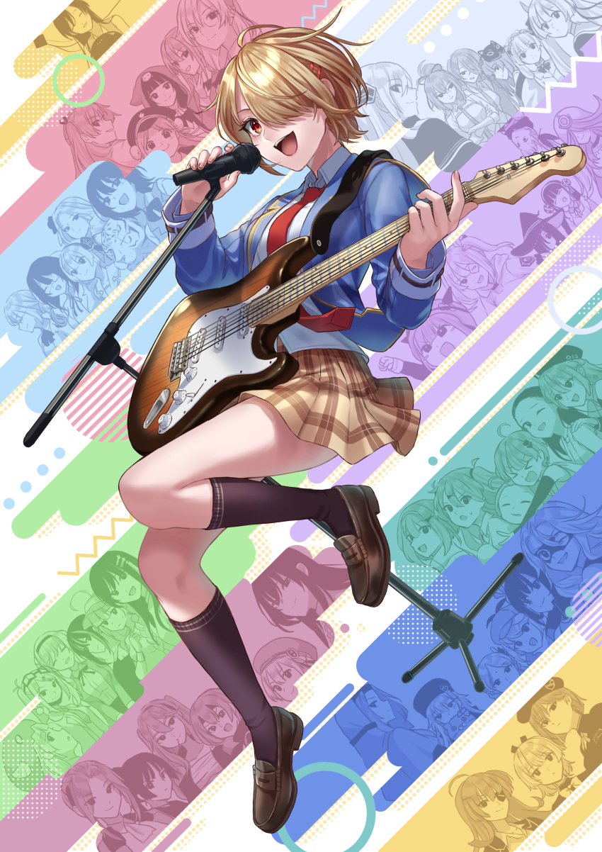 6+girls, :d, absurdres, aikawa_megumi, aoi_erika, asakura_karen_(heaven_burns_red), asami_makiko_(heaven_burns_red), bass_guitar, black_socks, blazer, blonde_hair, blue_jacket, breasts, brown_skirt, bungo_yayoi, byakko_(heaven_burns_red), carole_reaper, charlotta_skopovskaya, collared_shirt, date_akari, electric_guitar, glasses, guitar, hair_ornament, hair_over_one_eye, hairclip, hanamura_shiki, hat, heaven_burns_red, highres, higuchi_seika, hiiragi_kozue, holding, holding_instrument, holding_microphone, holding_plectrum, instrument, irene_redmayne, ishii_iroha, izumi_yuki_(heaven_burns_red), jacket, jumping, kanzaki_adelheid, kayamori_hinata, kayamori_ruka, kiryuu_miya, kneehighs, kunimi_tama, kura_satomi, kurozawa_maki, li_yingxia, loafers, long_hair, long_sleeves, looking_at_viewer, maria_de_angelis, maruyama_kanata, matsuoka_chiroru, microphone, microphone_stand, mikoto_fubuki, minase_ichigo, minase_sumomo, miniskirt, mizuhara_aina, multiple_girls, murohushi_risa, music, nanase_nanami_(heaven_burns_red), narby_(heaven_burns_red), natsume_inori, necktie, nikaidou_misato, nil_(pixiv_53614557), ogasawara_hisame, one_eye_closed, one_eye_covered, ooshima_ichiko, ooshima_isuzu, ooshima_minori, ooshima_muua, ooshima_niina, ooshima_yotsuha, open_clothes, open_jacket, open_mouth, plaid_clothes, plaid_skirt, playing_instrument, pleated_skirt, plectrum, red_eyes, red_necktie, sakuraba_seira, satsuki_mari, school_uniform, shirakawa_yuina, shirt, shoes, short_hair, sidelocks, singing, skirt, smile, socks, solo, sugawara_chie, tenne_miko, tezuka_saki, toujou_tsukasa, tsukishiro_mona, vritika_balakrishnan, white_shirt, yamawaki_bon_ivar, yanagi_mion