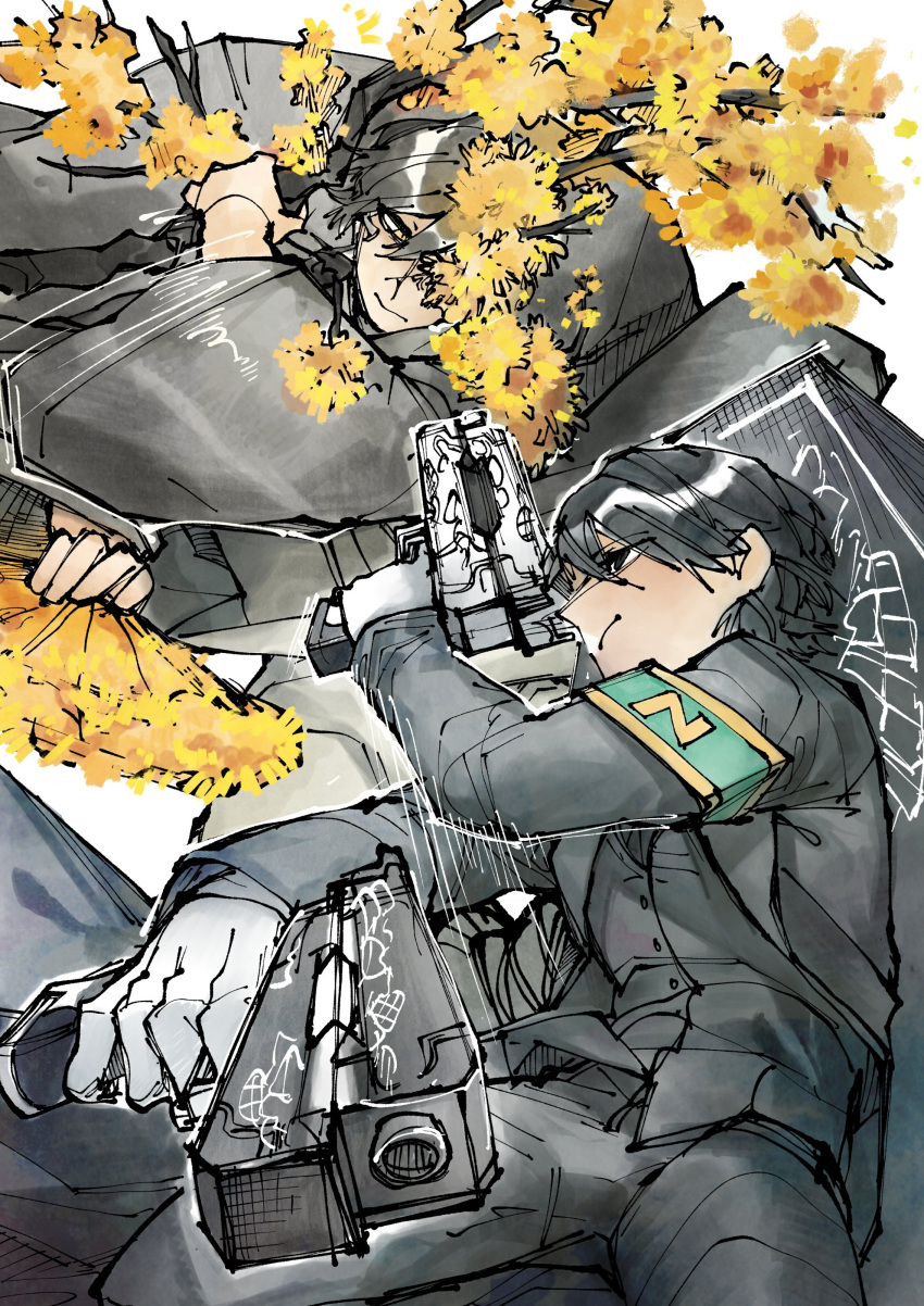 2boys, absurdres, animal_print, armband, black_coat, black_hair, black_vest, branch