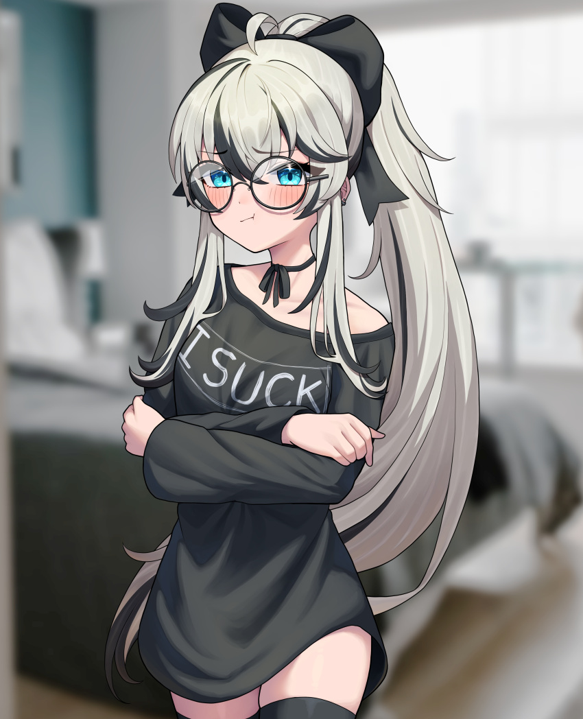 1girl, absurdres, ahoge, amagasa, black_bow, black_hair, black_nightgown, black_ribbon