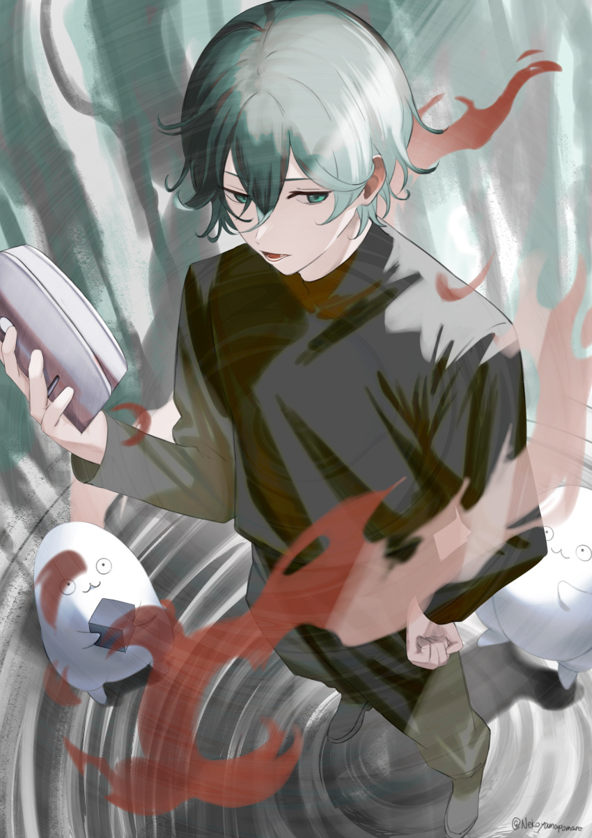 1boy, absurdres, aqua_hair, commentary, cube, dramaturgy_(eve), from_above, hair_between_eyes