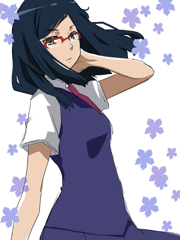 blue_eyes, blue_hair, collar, flower, glasses, long_hair, necktie, rinko_yuzuki