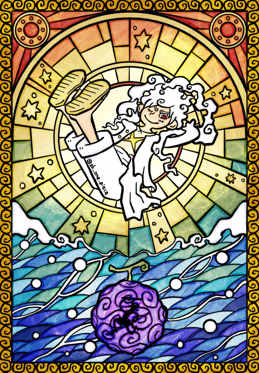 1boy, alternate_form, arms_behind_head, commentary, devil_fruit, eyelashes, full_body, gear_fifth