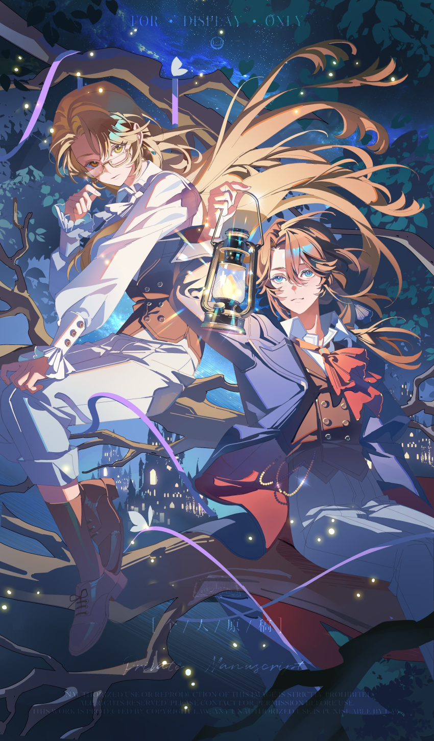 2boys, :3, absurdres, arm_up, ascot, blonde_hair, blood_emperor, blue_coat, blue_eyes, brown_hair, brown_shoes, brown_socks, brown_vest, bug, butterfly, buttons, castle, chinese_commentary, closed_mouth, coat, collared_shirt, commission, cross-laced_shoes, cuff_links, curtained_hair, double-breasted, earrings, expressionless, eyewear_strap, feet_out_of_frame, floating_hair, frilled_sleeves, frills, full_body, glasses, hand_on_own_knee, hand_up, high-waist_pants, highres, holding_lamp, in_tree, jewelry, kerosene_lamp, lapels, light_particles, long_hair, long_sleeves, looking_at_object, lord_of_the_mysteries, lou_xiaotiao, low_ponytail, male_focus, multiple_boys, night, notched_lapels, open_clothes, open_coat, outstretched_arm, pants, pants_rolled_up, parted_bangs, ponytail, purple_ribbon, red_ascot, ribbon, second-party_source, semi-rimless_eyewear, shirt, shoes, sideways_glance, sitting, sitting_in_tree, smile, socks, teardrop_earrings, tree, trunsoest_(lord_of_the_mysteries), two-sided_coat, two-sided_fabric, very_long_hair, vest, wallet_chain, watermark, white_ascot, white_butterfly, white_pants, white_shirt, yellow_eyes