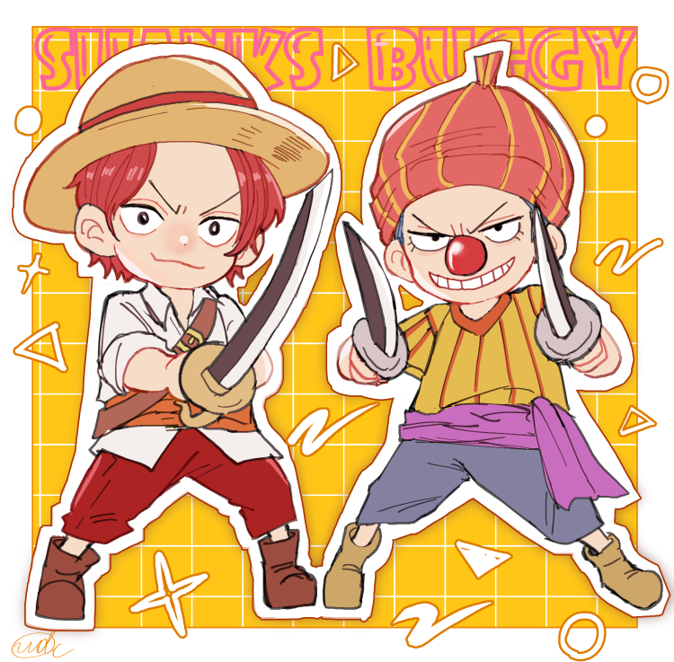 2boys, aged_down, boots, buggy_the_clown, character_name, child, collared_shirt, hat, holding, holding_knife, knife, looking_at_viewer, male_focus, multiple_boys, one_piece, orange_sash, purple_sash, red_nose, red_shorts, sash, shanks_(one_piece), shirt, shorts, smile, straw_hat, striped_clothes, striped_shirt, udaa_(ahirucook), vertical-striped_clothes, vertical-striped_shirt, white_shirt
