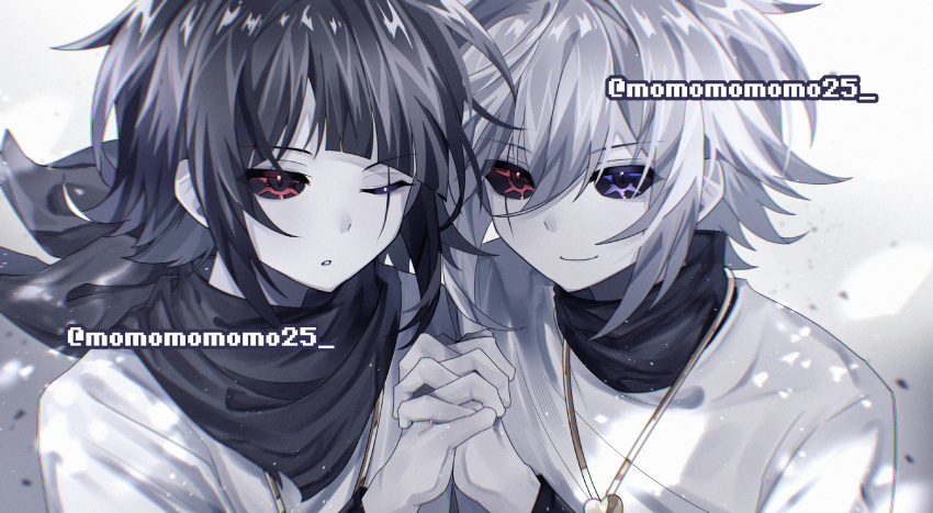 2boys, ;o, absurdres, alternate_universe, bandana, bandana_around_neck, black_bandana, black_sclera