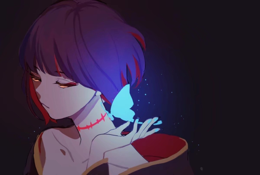1boy, :/, androgynous, aqua_butterfly, aqua_nails, arashi_(forever_7th_capital), bare_shoulders, black_background, black_hair, black_kimono, blunt_bangs, bob_cut, bug, butterfly, butterfly_on_neck, chinese_commentary, closed_mouth, collarbone, colored_inner_hair, dark, expressionless, eyeshadow, forever_7th_capital, from_side, glowing_butterfly, half-closed_eyes, hand_up, japanese_clothes, kimono, light_particles, long_sleeves, lou_xiaotiao, makeup, male_focus, multicolored_hair, nail_polish, off_shoulder, portrait, red_eyeshadow, red_hair, scar, scar_on_neck, short_hair, solo, two-tone_hair, yellow_eyes