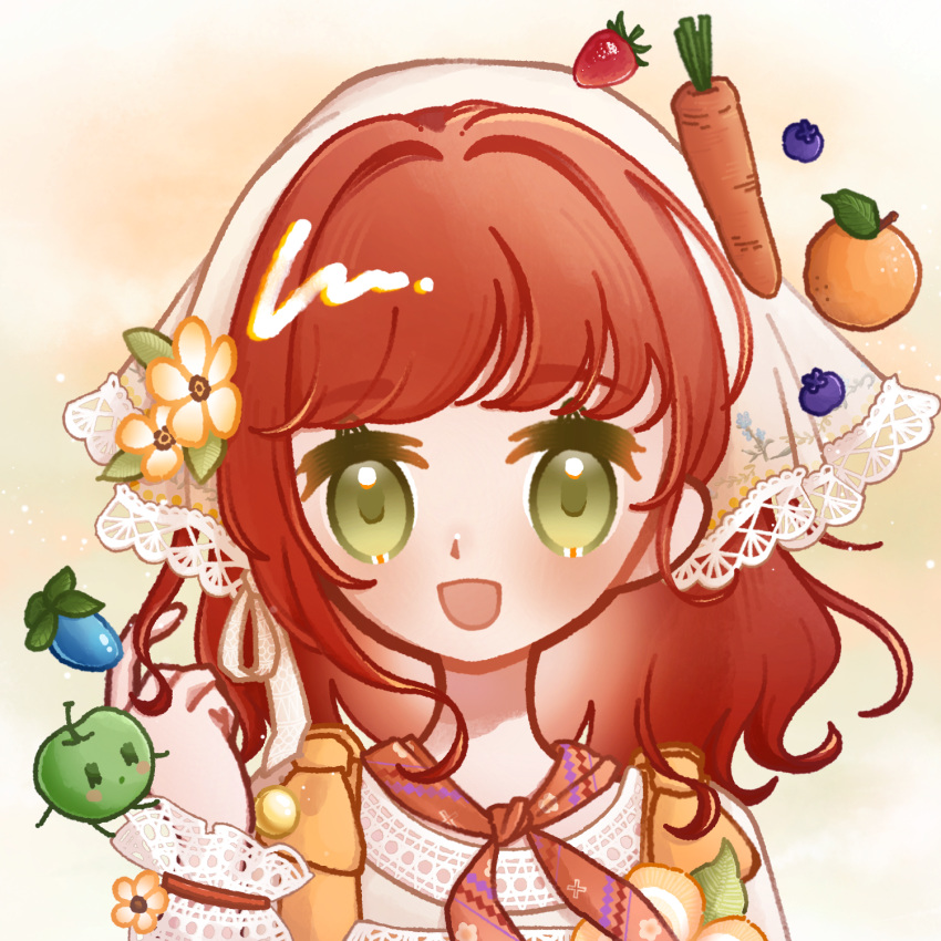 1girl, apple, blueberry, brooch, carrot, country_lolita, dot_nose, eyelashes, floral_print, flower, flower_brooch, food, food-themed_creature, frilled_sleeves, frills, fruit, green_apple, green_eyes, hair_flower, hair_intakes, hair_ornament, hair_ribbon, happy, headscarf, heimaoyangchengzhibei, highres, infinity_nikki, jewelry, junimo, lace-trimmed_headwear, lace_trim, leaf, light_blush, light_particles, lolita_fashion, long_sleeves, medium_hair, neckerchief, nikki_(series), open_mouth, orange_(fruit), orange_flower, orange_neckerchief, print_headwear, print_neckerchief, puffy_long_sleeves, puffy_sleeves, red_hair, ribbon, shirt, sleeves_past_wrists, smile, solo, stardew_valley, stardew_valley_encounter_(infinity_nikki), strawberry, twirling_hair, upper_body, wavy_hair, white_headscarf, white_ribbon, white_shirt, yellow_background, yellow_flower