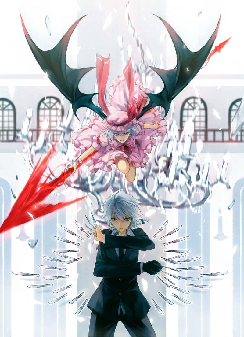 alternate_costume, ascot, bad_id, bat_wings, bow, braid, butter_knife, chandelier, dress, flying, formal, green_eyes, grey_hair, hair_bow, hat, izayoi_sakuya, knife, mg_(3458), multiple_girls, necktie, no_hat, no_headwear, pant_suit, red_eyes, remilia_scarlet, short_hair, single_glove, spear_the_gungnir, suit, throwing_knife, touhou, twin_braids, weapon, wings, wrist_cuffs