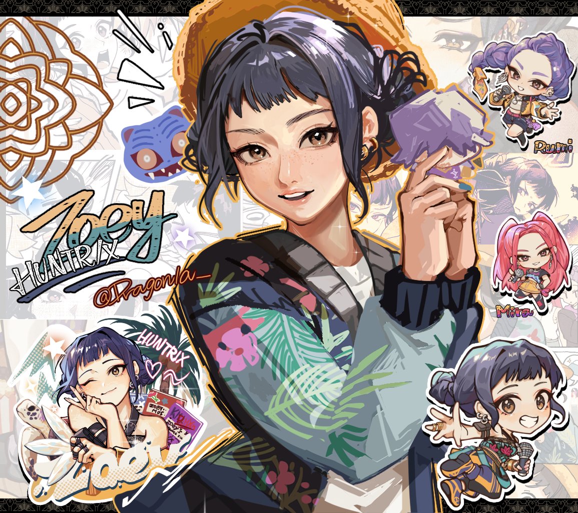 3girls, black_hair, braid, braided_ponytail, brown_eyes, cardigan, character_name, commentary