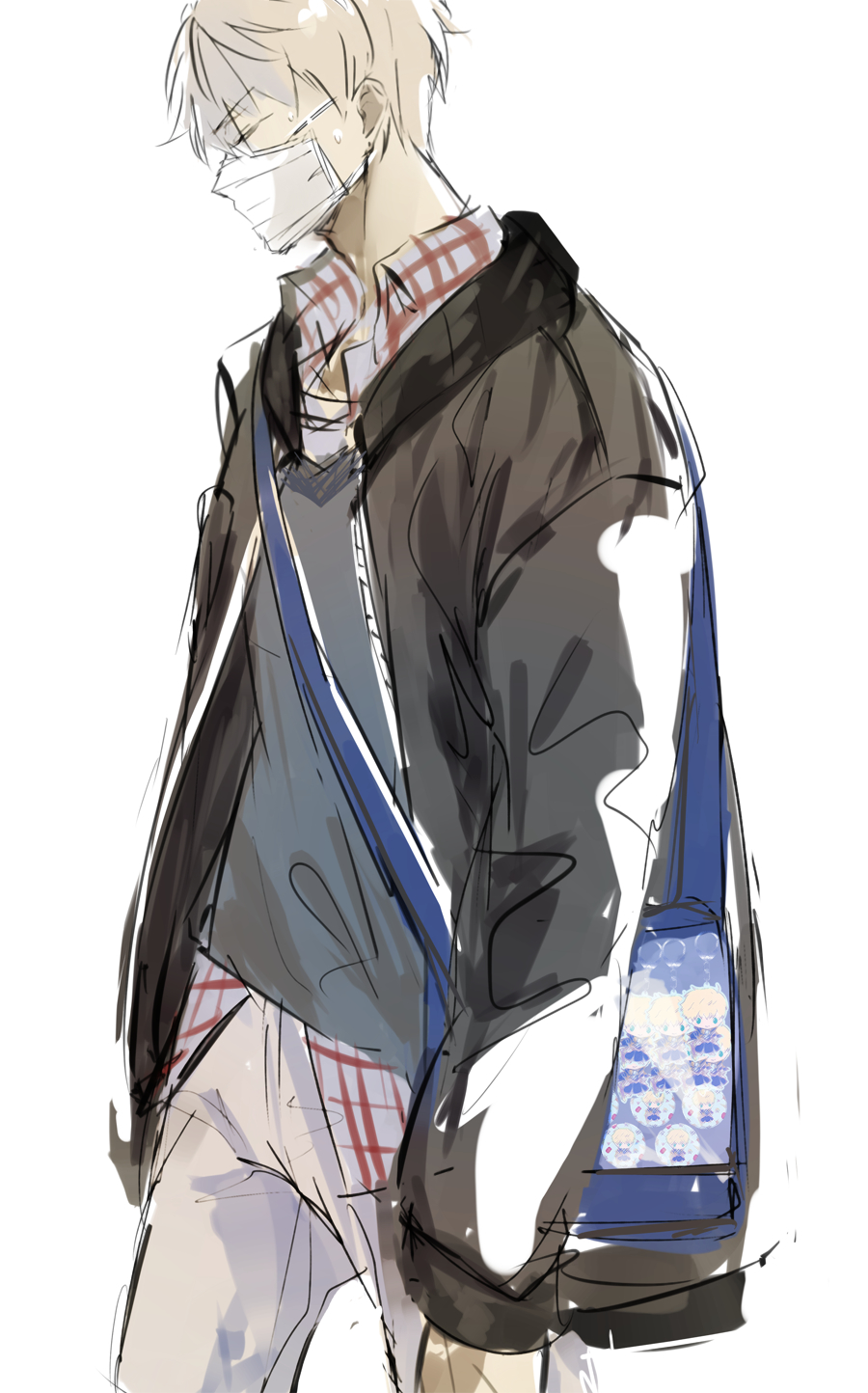 1boy, arthur_pendragon_(fate), arthur_pendragon_alter_(fate), black_jacket, blue_bag, closed_eyes, collared_shirt, cowboy_shot