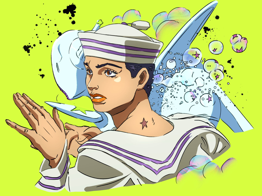 1boy, 1other, birthmark, black_hair, blue_eyes, bubble, colored_skin, colorized