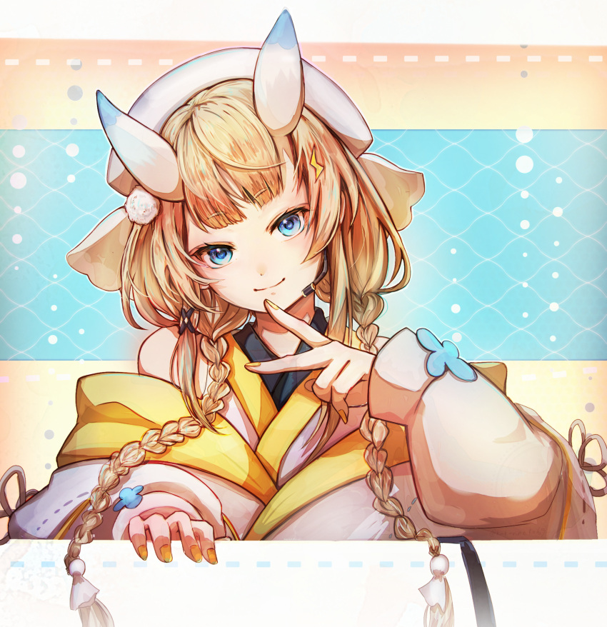 1girl, bare_shoulders, blonde_hair, blue_eyes, blue_horns, blush, braid, closed_mouth