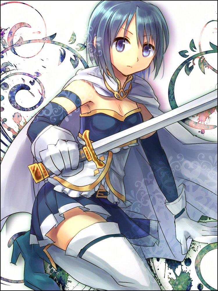 bare_shoulders, blue_eyes, blue_hair, cape, detached_sleeves, frills, gloves, magical_girl, mahou_shoujo_madoka_magica, miki_sayaka, pleated_skirt, short_hair, skirt, solo, squatting, sword, thighhighs, weapon, yuri_(momo111yuri)