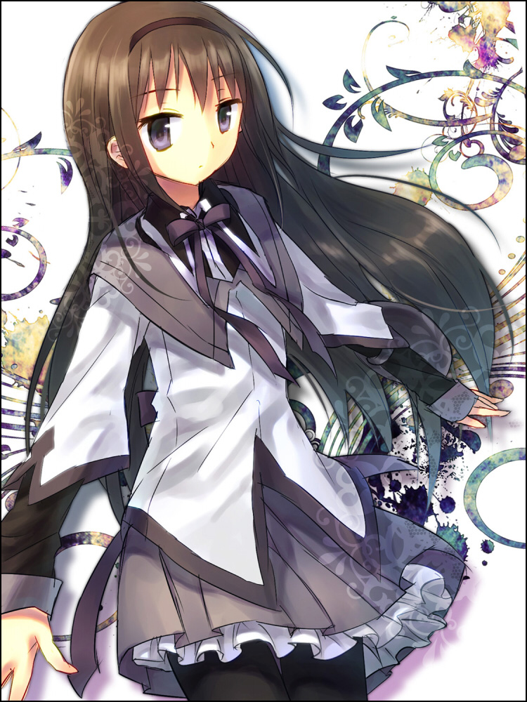 akemi_homura, black_hair, hairband, long_hair, magical_girl, mahou_shoujo_madoka_magica, pantyhose, pleated_skirt, purple_eyes, skirt, solo, violet_eyes, yuri_(momo111yuri)