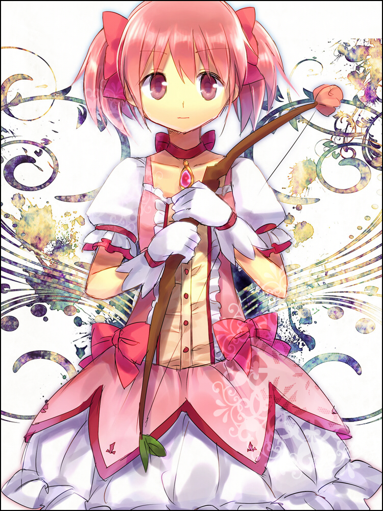 bow, bow_(weapon), choker, gloves, hair_ribbon, kaname_madoka, magical_girl, mahou_shoujo_madoka_magica, pink_eyes, pink_hair, puffy_sleeves, ribbon, short_twintails, smile, solo, twintails, weapon, yuri_(momo111yuri)