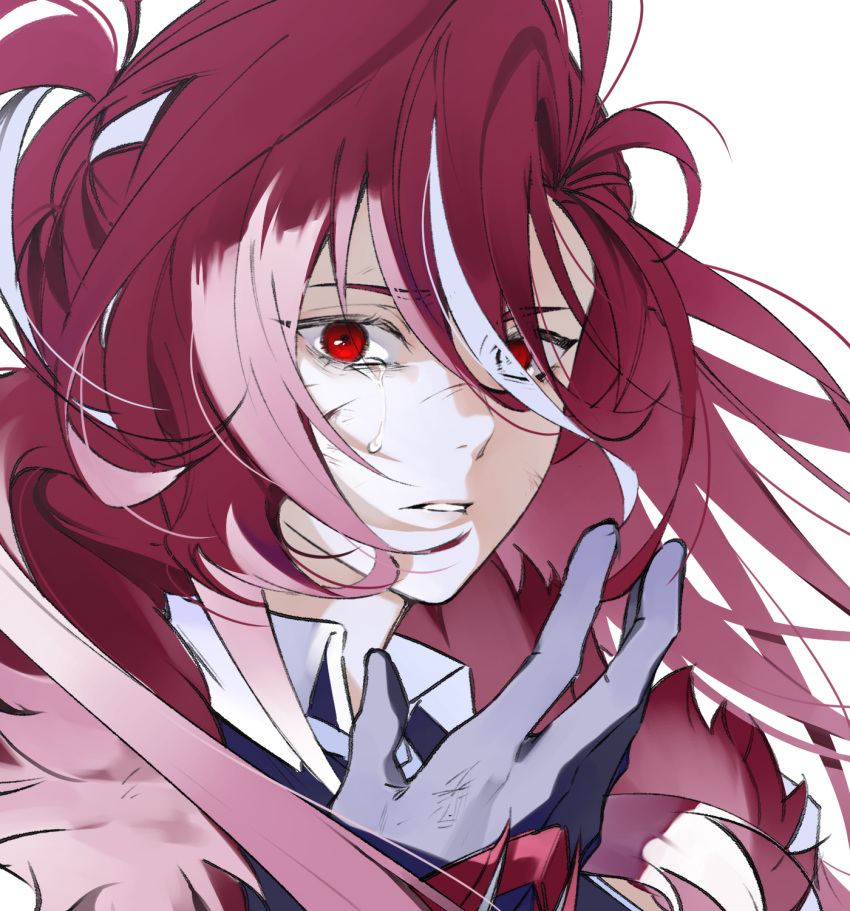 1girl, adrestia_(elsword), black_gloves, commentary, elesis_(elsword), elsword, floating_hair, fur_trim