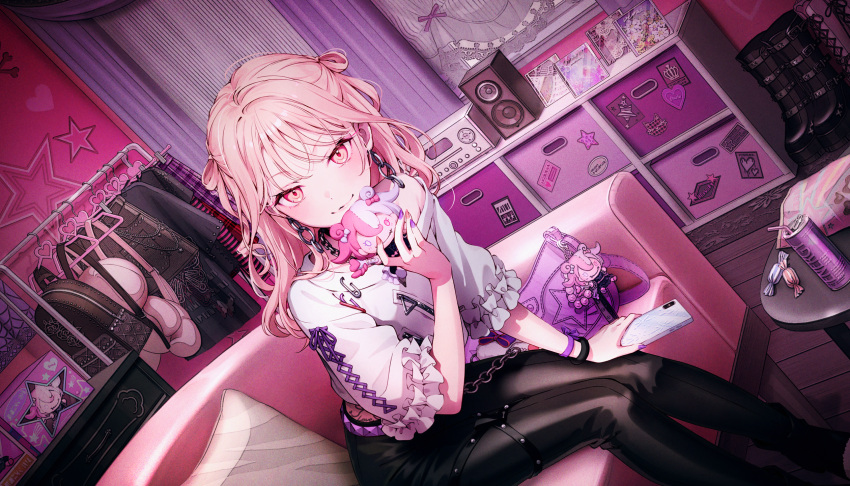 1other, akiyama_mizuki, black_pantyhose, bracelet, cellphone, closed_mouth, colorful_palette, doll