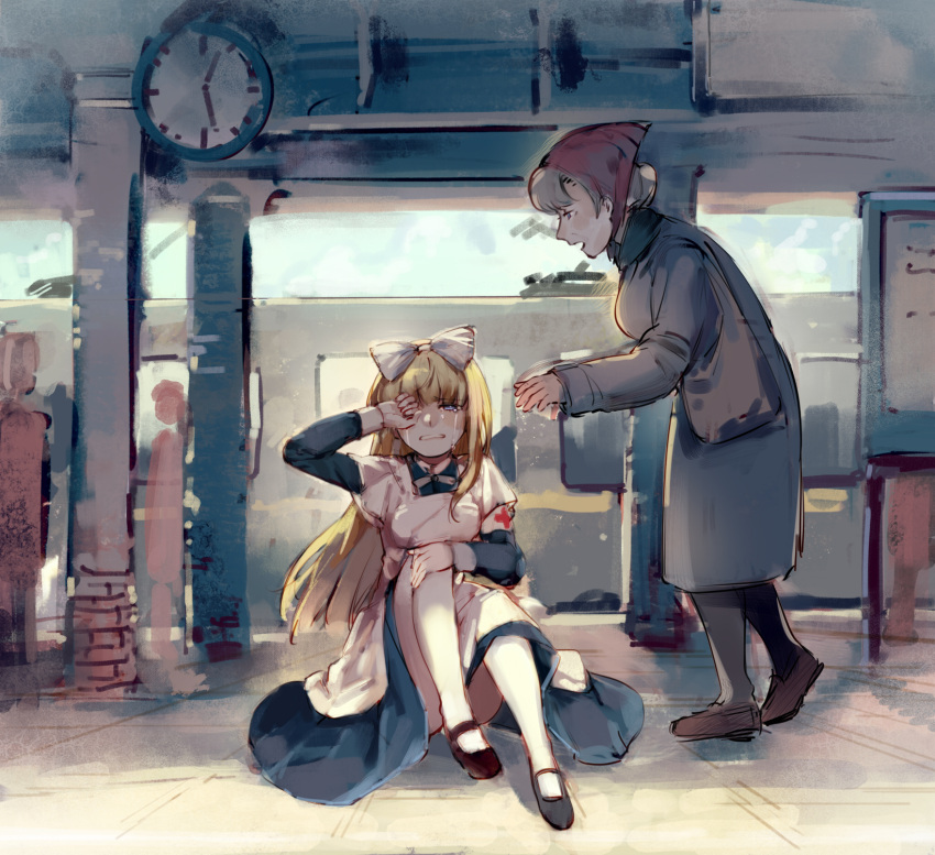 2girls, apron, armband, axis_powers_hetalia, belarus_(hetalia), black_pantyhose, black_shoes, blonde_hair