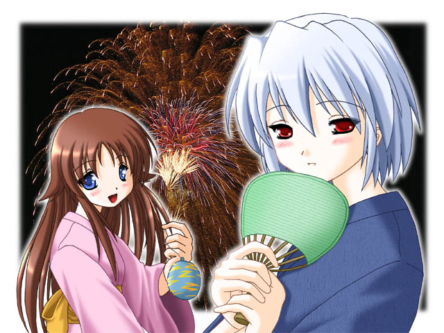 2girls, aqua_bag, aqua_hair, archived_source, bag, black_sky, blue_eyes, blue_kimono