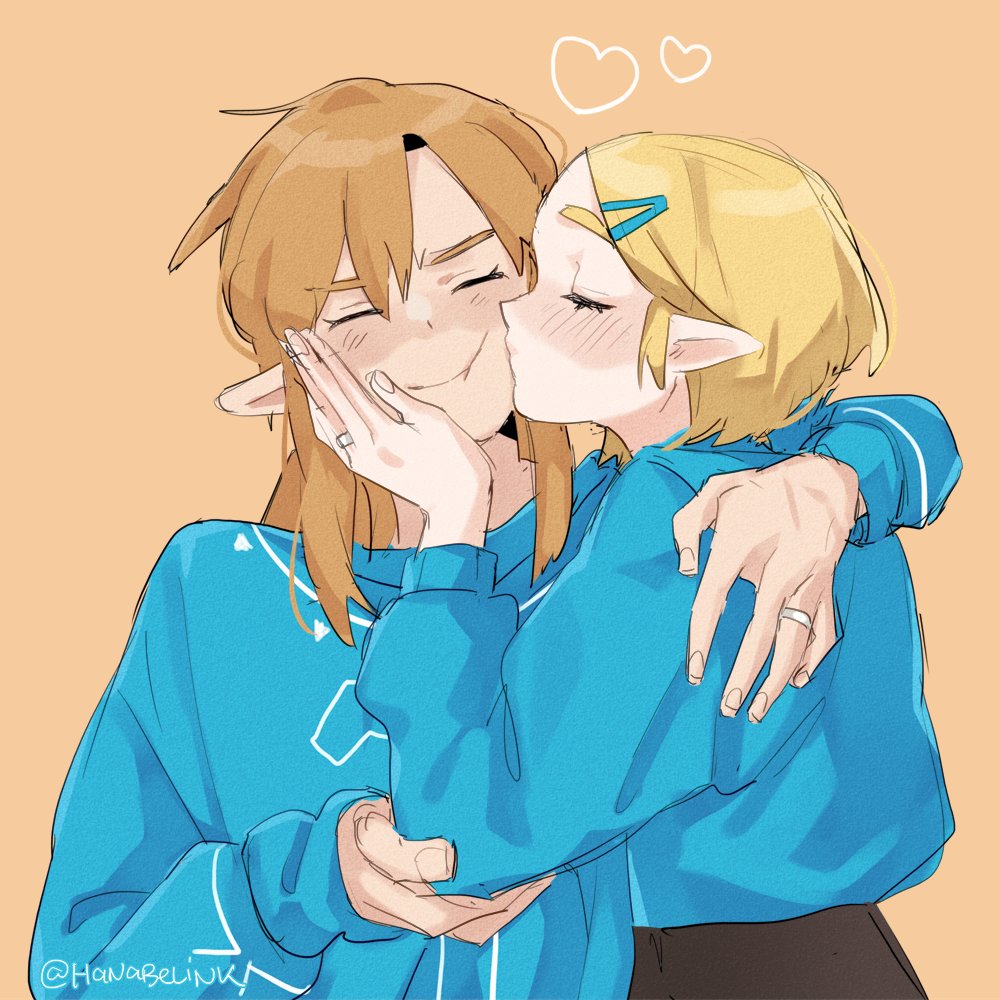 1boy, 1girl, blonde_hair, blue_sweater, blush, closed_eyes, couple, hair_ornament, hairclip, hanaberin, hand_on_another's_cheek, hand_on_another's_face, hashtag-only_commentary, heart, husband_and_wife, jewelry, kiss, kissing_cheek, link, pointy_ears, princess_zelda, ring, sidelocks, simple_background, smile, sweater, the_legend_of_zelda, the_legend_of_zelda:_breath_of_the_wild, twitter_username, upper_body, wedding_ring
