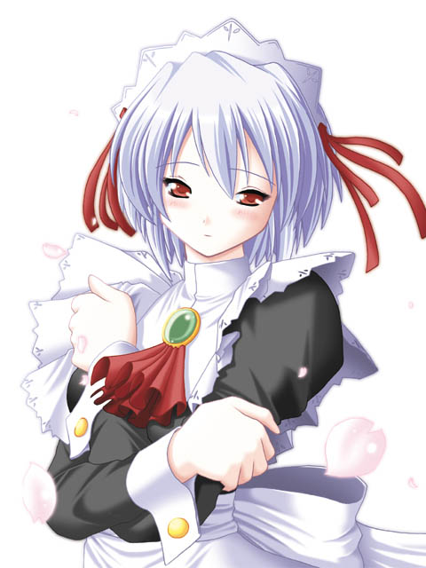 1girl, apron, aqua_hair, archived_source, ascot, back_ribbon, black_dress, black_sleeves, brooch, buttoned_cuffs, buttons, cherry_blossoms, closed_mouth, commentary_request, contrast_collar, crossed_arms, dated_commentary, dot_nose, dress, expressionless, eyelashes, f&amp;c, gem, gold_buttons, green_gemstone, hair_between_eyes, hand_on_own_arm, headdress, high_collar, jewelry, juliet_sleeves, keito_(keito-ya), kotonomiya_yuki, light_particles, long_sleeves, maid, maid_apron, maid_headdress, medium_hair, pink_petals, puffy_sleeves, puritan_collar, red_ascot, red_eyes, red_ribbon, ribbon, simple_background, suigetsu, turtleneck, upper_body, waist_ribbon, white_apron, white_background, white_headdress