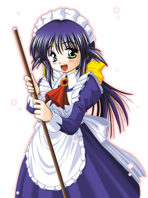 1girl, andou_mahoro, apron, archived_source, ascot, back_ribbon, blue_dress, blue_hair