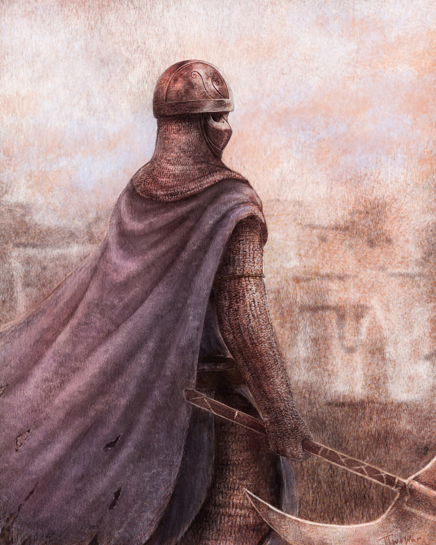 1boy, armor, axe, blue_cape, brown_background, cape, chainmail, commentary_request, cowboy_shot, creighton_of_mirrah, dark_souls_(series), dark_souls_ii, from_behind, helmet, highres, holding, holding_axe, male_focus, mask, masked, solo, torn_cape, torn_clothes, toy_(toylord)