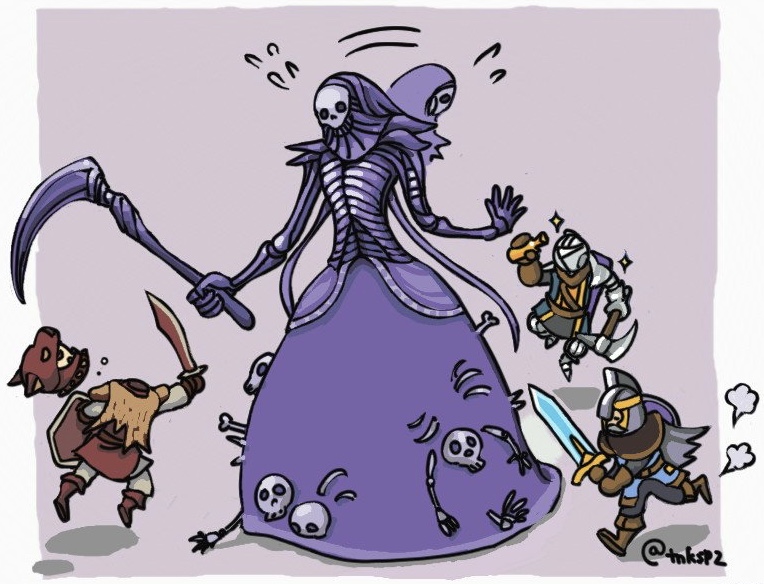 1girl, 1other, 2boys, axe, bearer_of_the_curse, benhart_of_jugo, blue_tunic, chibi