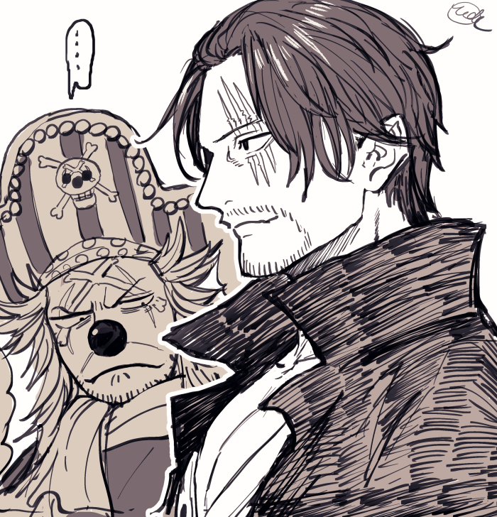 2boys, ascot, buggy_the_clown, closed_mouth, girl_staring_at_guy's_chest_(meme), greyscale, hat, high_collar