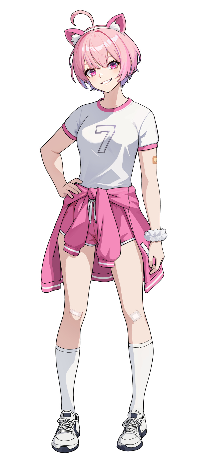 1girl, absurdres, ahoge, animal_ear_hairband, animal_ears, cat_ear_hairband, cat_ears, clothes_around_waist, collared_shirt, dolphin_shorts, fake_animal_ears, full_body, grin, hairband, hand_on_own_hip, harper_(solo_leveling), highres, jacket, jacket_around_waist, looking_at_viewer, official_alternate_costume, official_art, pink_background, pink_hair, pink_jacket, pink_shorts, shirt, shoes, short_hair, short_sleeves, shorts, simple_background, smile, socks, solo, solo_leveling, solo_leveling:_arise, transparent_background, white_shirt, white_shoes, white_socks