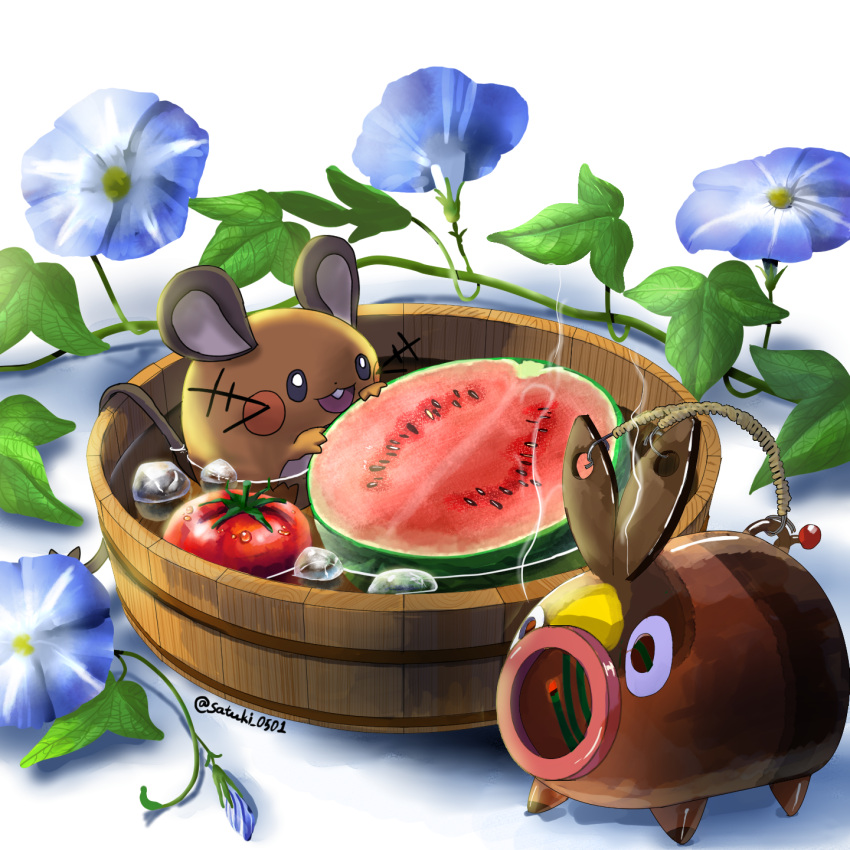 :d, artist_name, black_eyes, bucket, dedenne, eating, flower, food