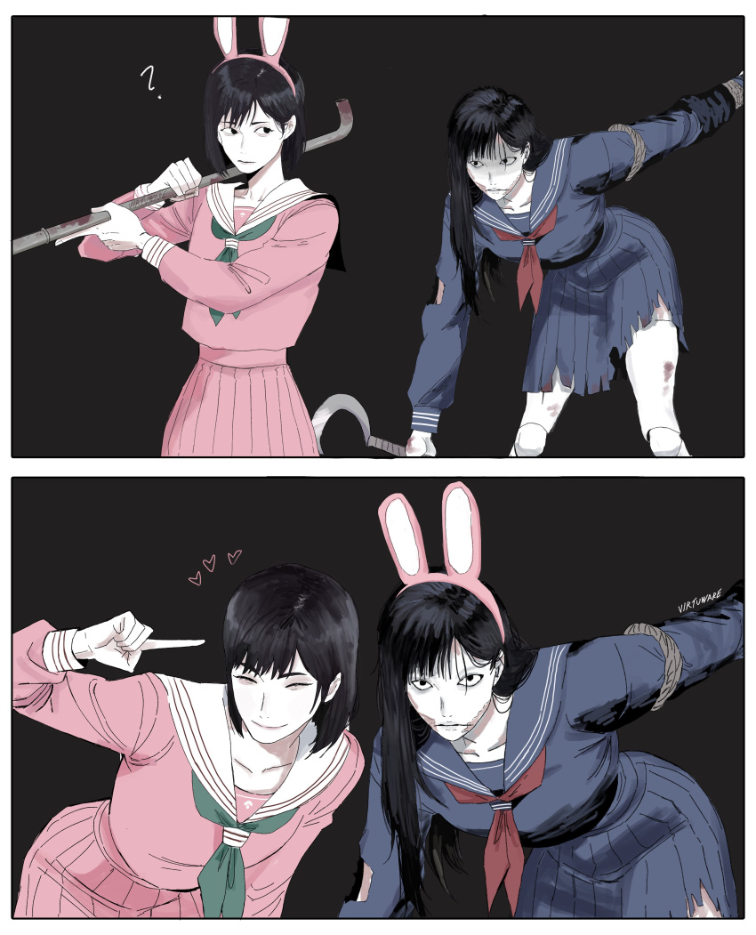 2girls, absurdres, ayakakashi, black_hair, black_sailor_collar, black_sclera, black_serafuku, colored_sclera
