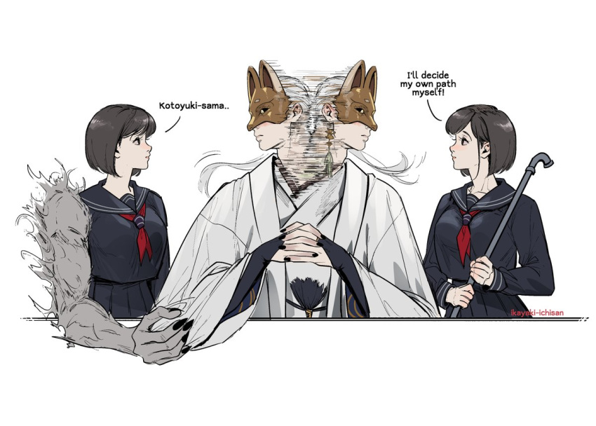 1boy, 2girls, black_hair, black_sailor_collar, black_sclera, black_serafuku, colored_sclera, earrings