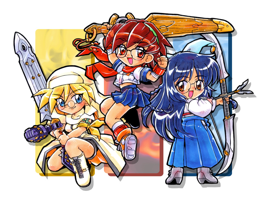 3girls, absurdres, anklet, arashiyama_sara, arm_up, arrow_(projectile), bandaged_arm, bandages