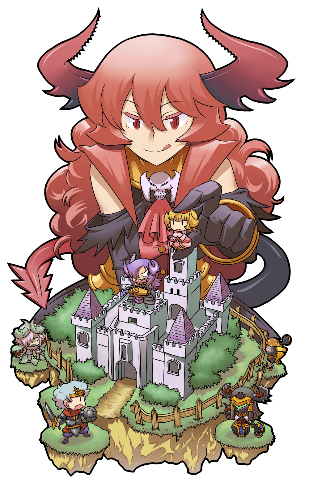 armor, blonde_hair, blue_hair, bracelet, castle, demon_tail, faux_figurine, fence, gloves, hair_over_one_eye, headband, highres, horns, jewelry, long_hair, maou_beluzel, matsuda_yuusuke, nise_maou_kanizeru, original, purple_hair, red_eyes, red_hair, redhead, shield, silver_hair, sword, tail, teeth, tongue, toy, weapon, yuusha_to_maou, yuusuke, |_|
