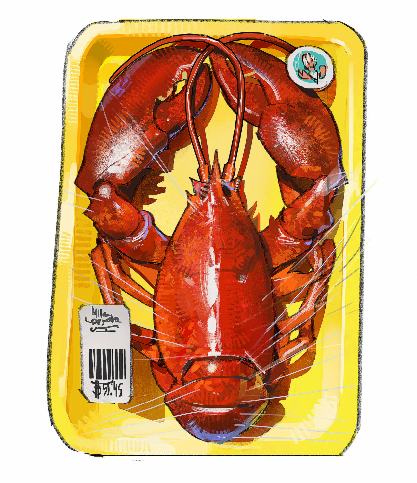barcode, commentary, english_commentary, food_focus, food_packaging, highres, lobster, lobster_claw